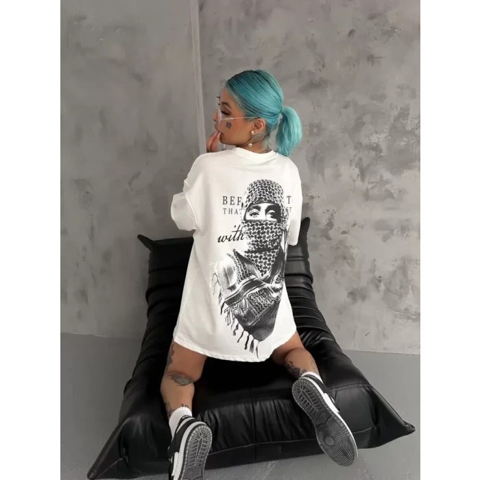 Unisex Baskılı Oversize T-shirt - Beyaz