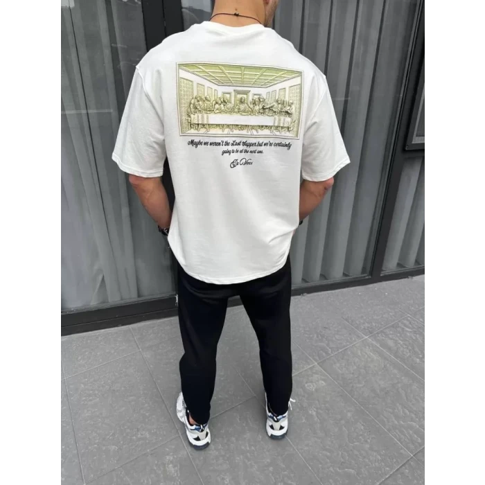Unisex Baskılı Oversize T-shirt - Beyaz