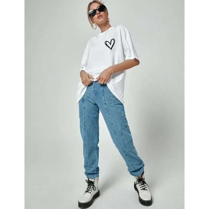 Unisex Baskılı Oversize T-shirt - Beyaz