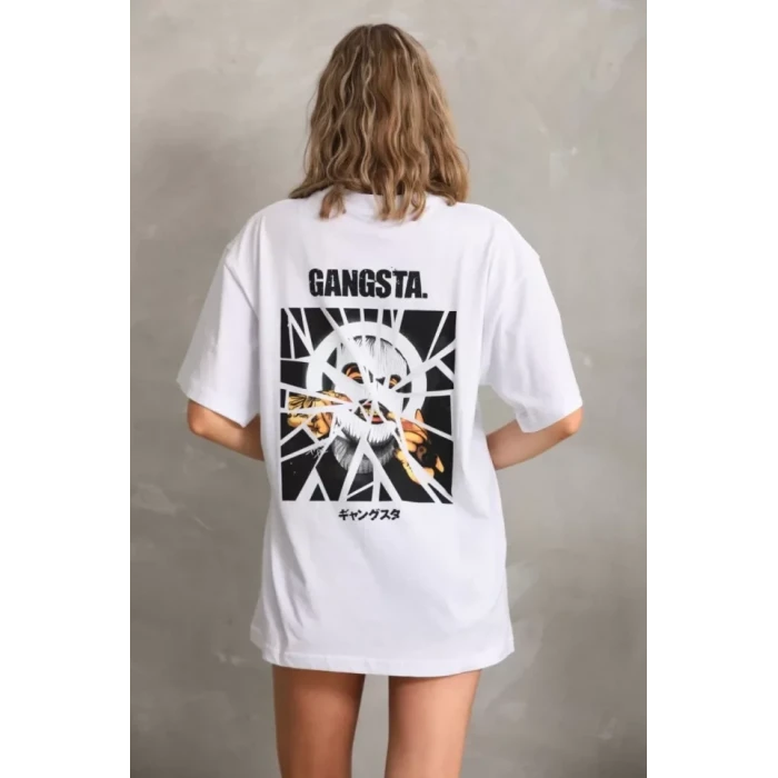 Unisex Baskılı Oversize T-shirt - Beyaz