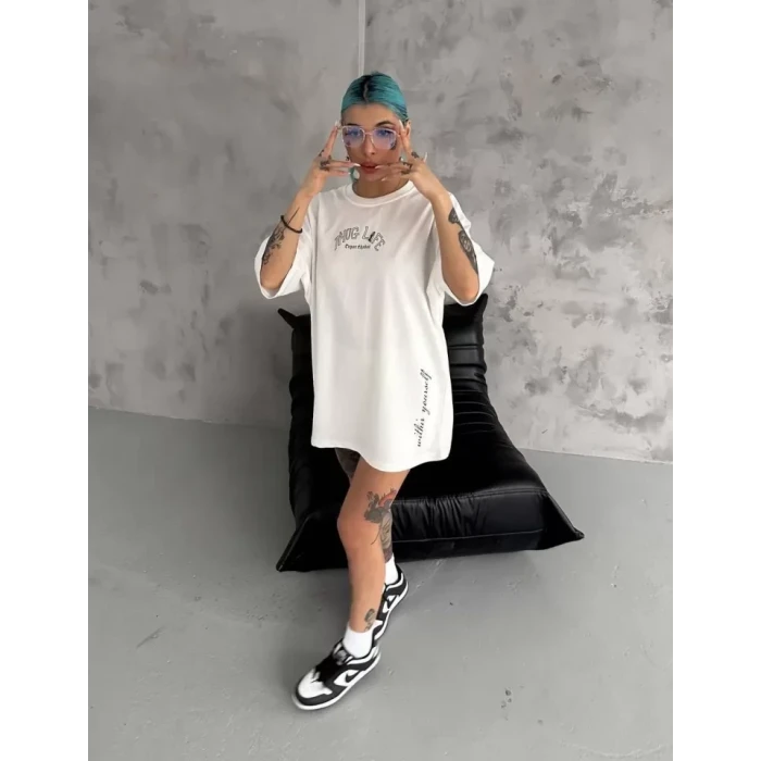 Unisex Baskılı Oversize T-shirt - Beyaz
