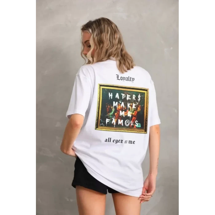 Unisex Baskılı Oversize T-shirt - Beyaz