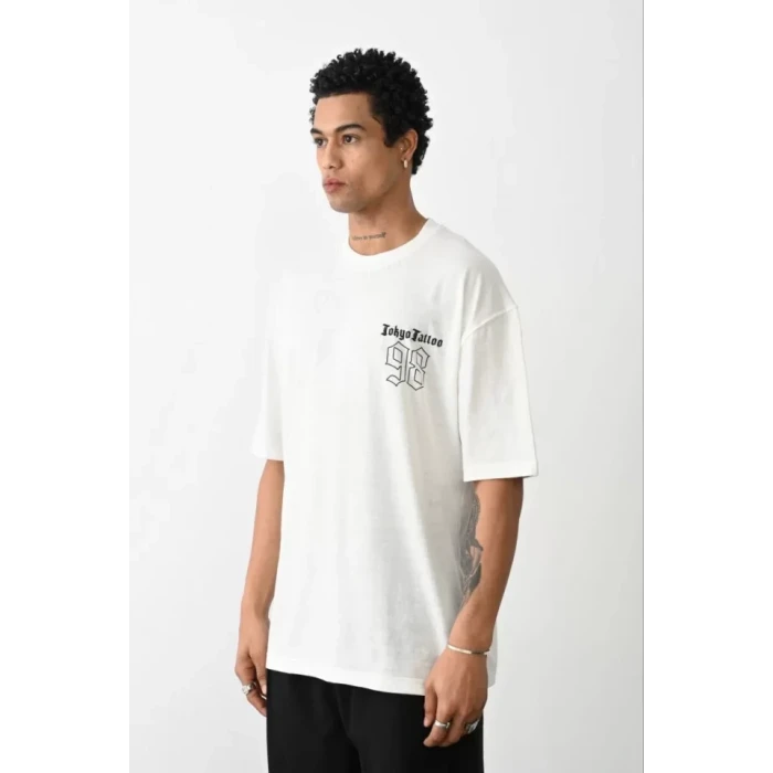 Unisex Baskılı Oversize T-shirt - Beyaz