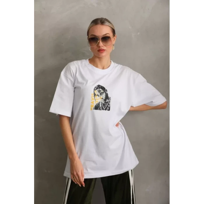 Unisex Baskılı Oversize T-shirt - Beyaz