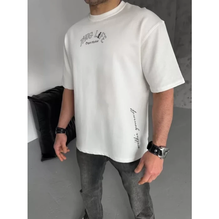 Unisex Baskılı Oversize T-shirt - Beyaz
