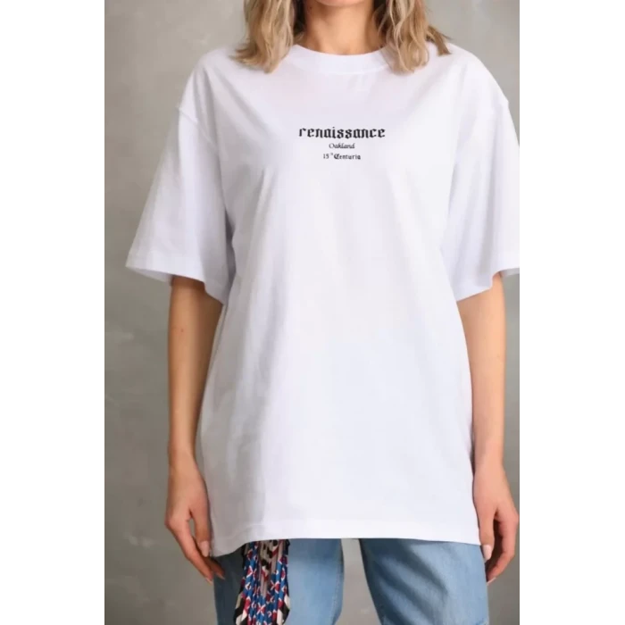 Unisex Baskılı Oversize T-shirt - Beyaz