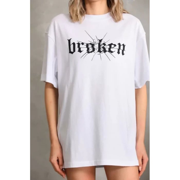 Unisex Baskılı Oversize T-shirt - Beyaz