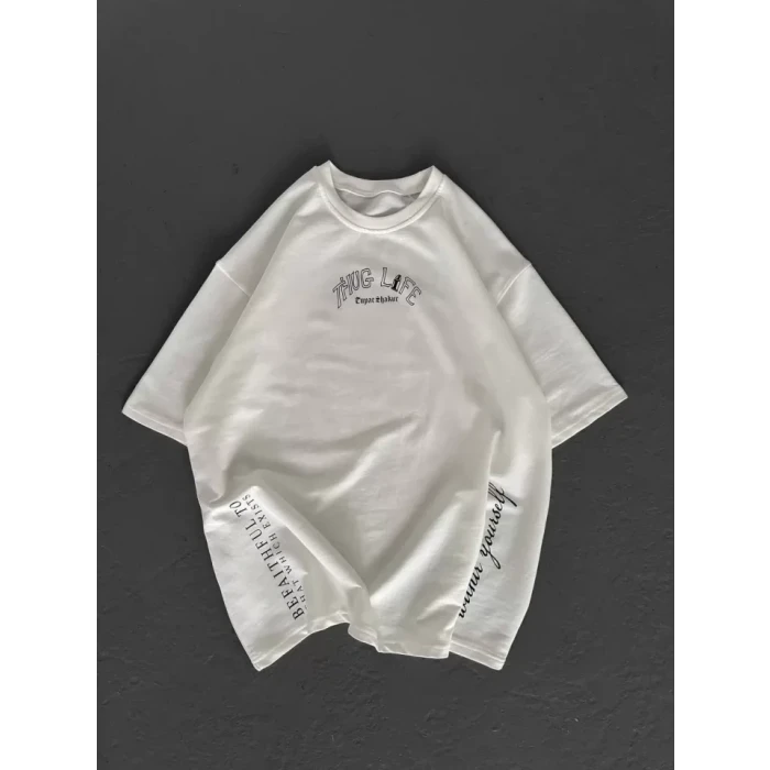 Unisex Baskılı Oversize T-shirt - Beyaz