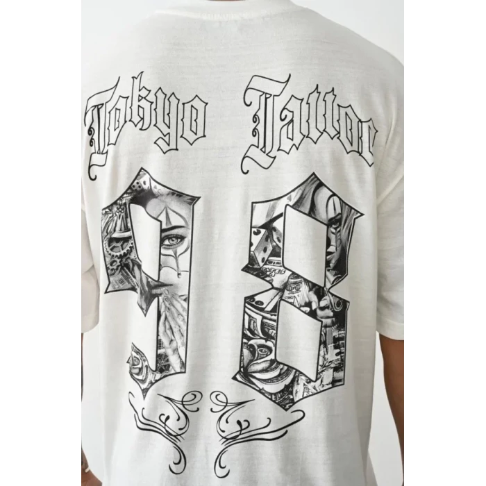 Unisex Baskılı Oversize T-shirt - Beyaz