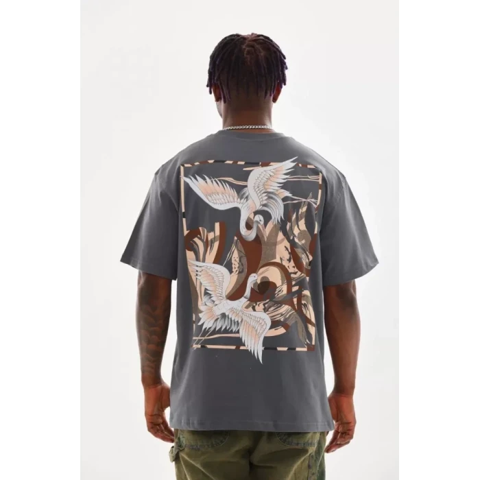 Unisex Baskılı Oversize T-shirt - Füme
