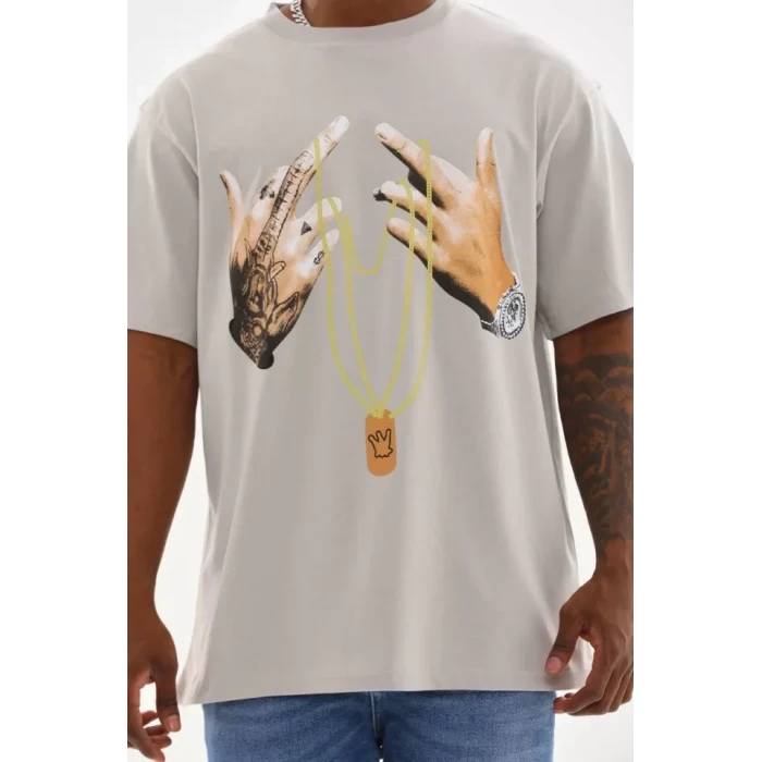 Unisex Baskılı Oversize T-shirt - Gri