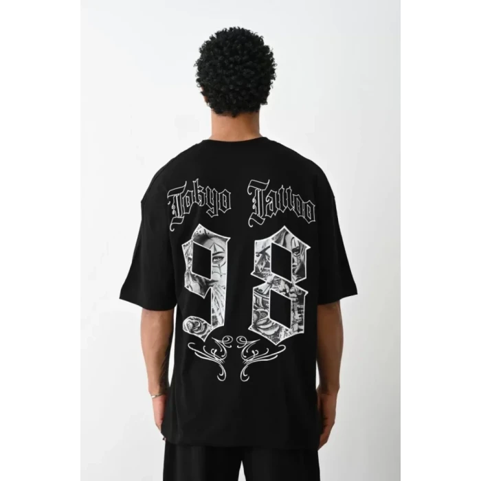 Unisex Baskılı Oversize T-shirt - Siyah