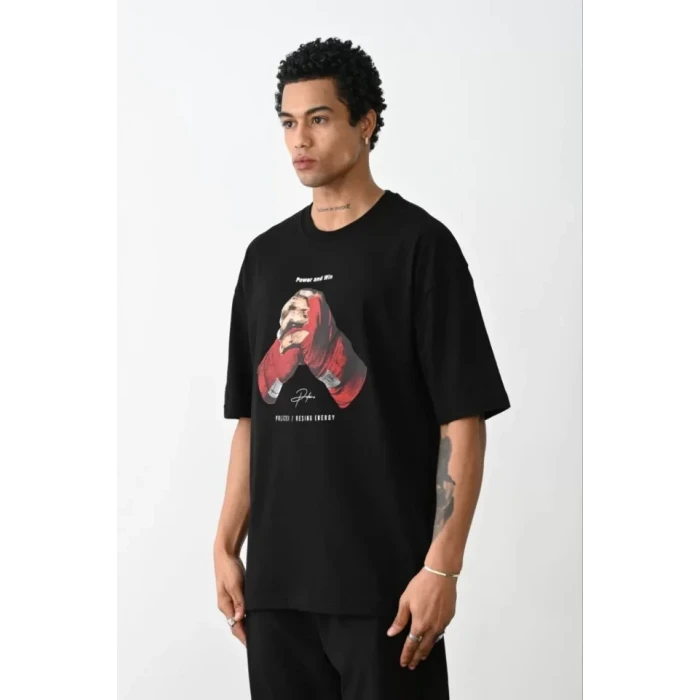 Unisex Baskılı Oversize T-shirt - Siyah