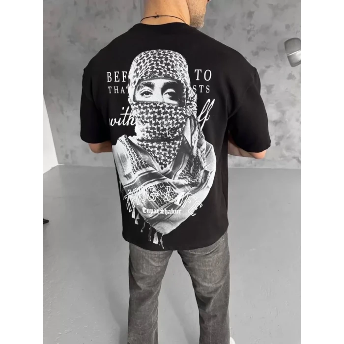 Unisex Baskılı Oversize T-shirt - Siyah