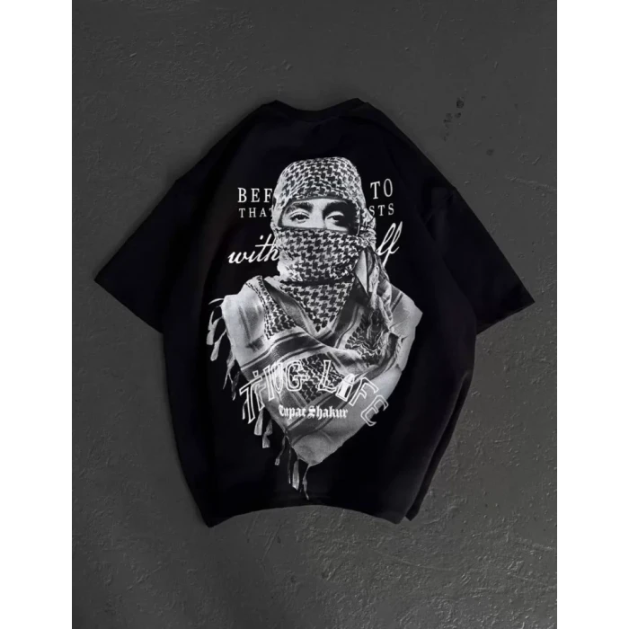 Unisex Baskılı Oversize T-shirt - Siyah