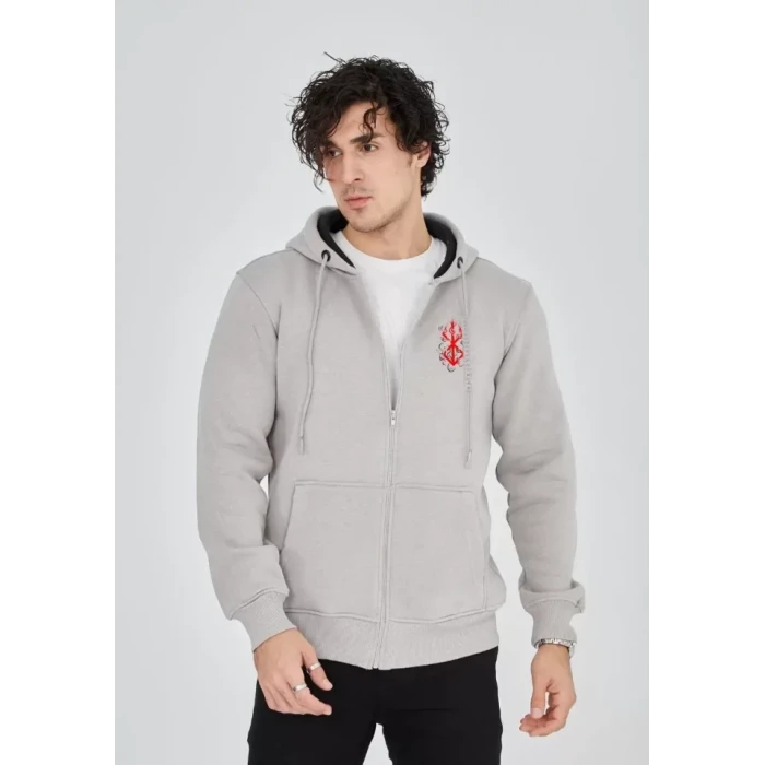 Unisex Baskılı Tam Fermuarlı Kapşonlu Sweatshirt - Boyalı Gri