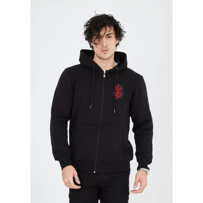 Unisex Baskılı Tam Fermuarlı Kapşonlu Sweatshirt - Siyah