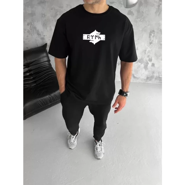 Unisex Bisiklet Yaka Baskılı Double Oversize T-shirt - Siyah
