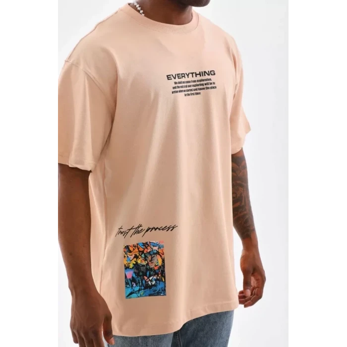 Unisex Bisiklet Yaka Baskılı Oversize T-shirt - Bej