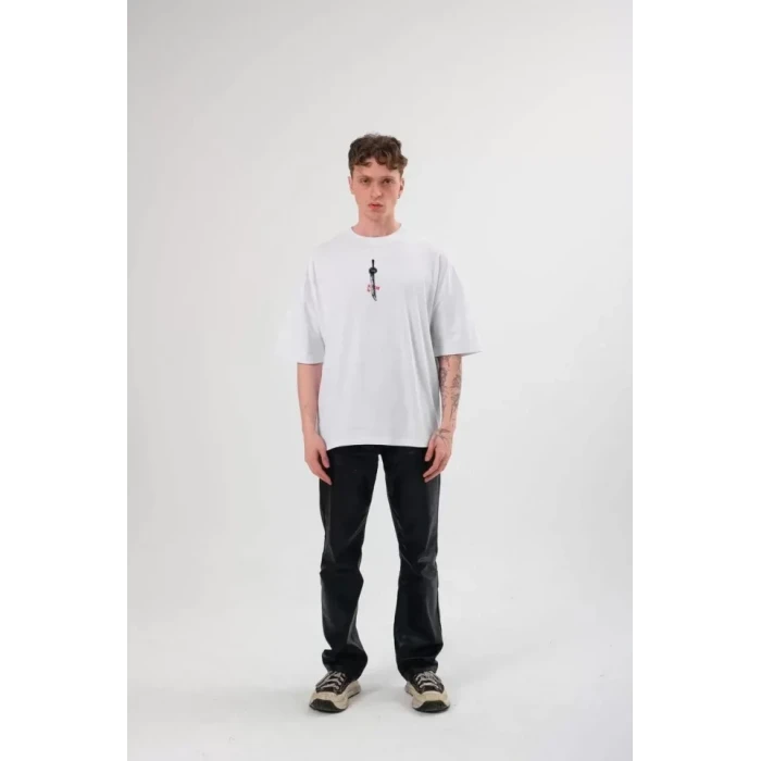 Unisex Bisiklet Yaka Baskılı Oversize T-shirt - Beyaz