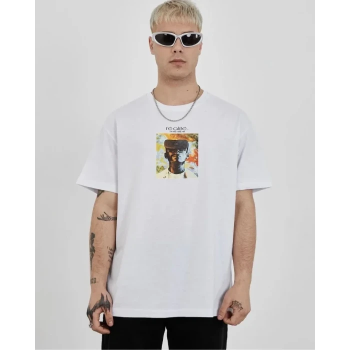 Unisex Bisiklet Yaka Baskılı Oversize T-shirt - Beyaz