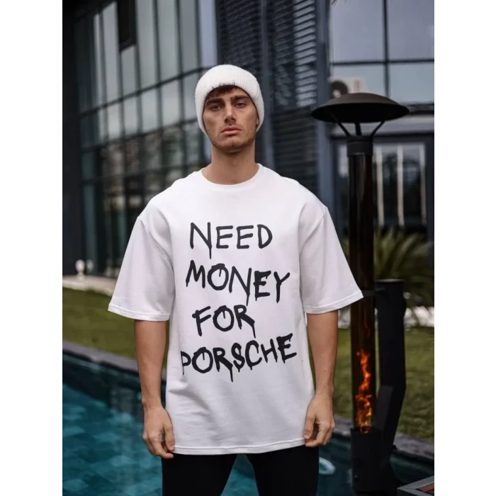 Unisex Bisiklet Yaka Baskılı Oversize T-shirt - Beyaz
