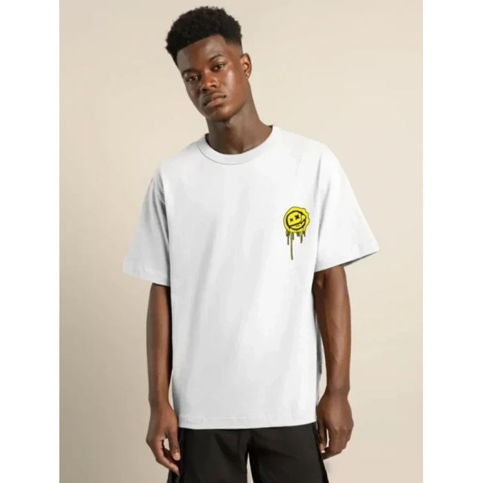 Unisex Bisiklet Yaka Baskılı Oversize T-shirt - Beyaz
