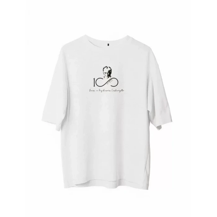 Unisex Bisiklet Yaka Baskılı Oversize T-shirt - Beyaz