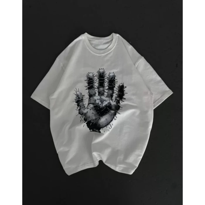 Unisex Bisiklet Yaka Baskılı Oversize T-shirt - Beyaz