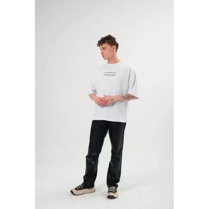 Unisex Bisiklet Yaka Baskılı Oversize T-shirt - Beyaz