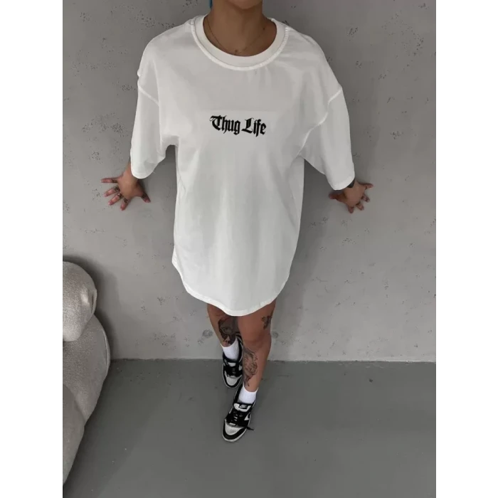 Unisex Bisiklet Yaka Baskılı Oversize T-shirt - Beyaz