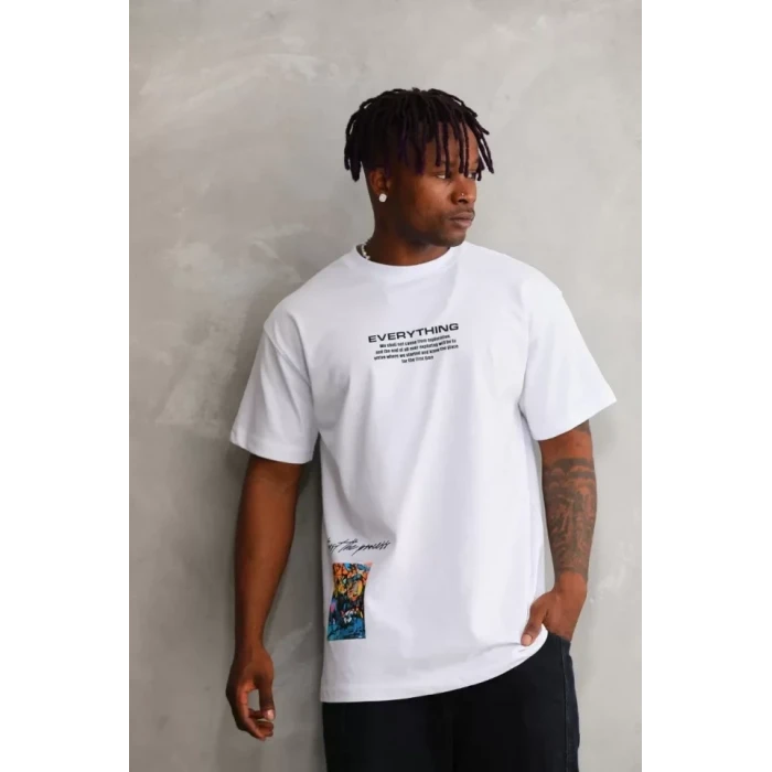 Unisex Bisiklet Yaka Baskılı Oversize T-shirt - Beyaz
