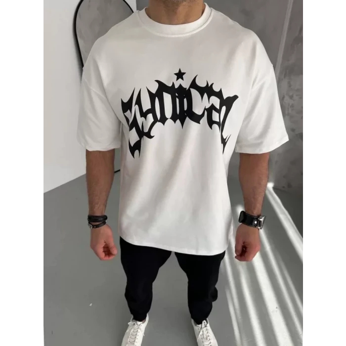 Unisex Bisiklet Yaka Baskılı Oversize T-shirt - Beyaz