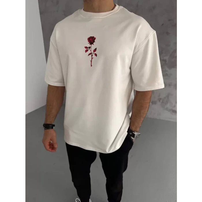 Unisex Bisiklet Yaka Baskılı Oversize T-shirt - Beyaz