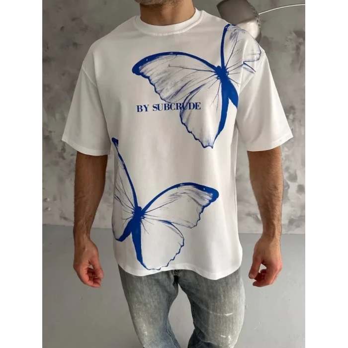 Unisex Bisiklet Yaka Baskılı Oversize T-shirt - Beyaz