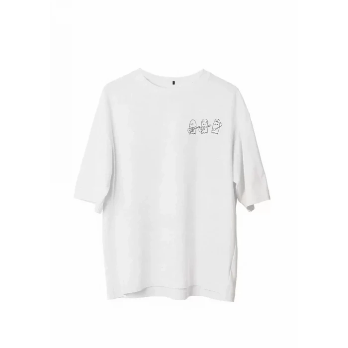 Unisex Bisiklet Yaka Baskılı Oversize T-shirt - Beyaz