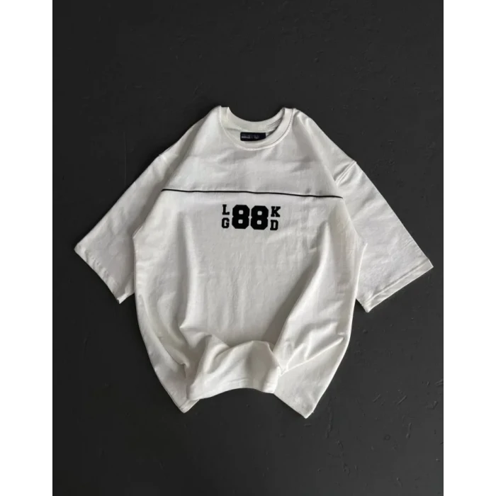 Unisex Bisiklet Yaka Baskılı Oversize T-shirt - Beyaz