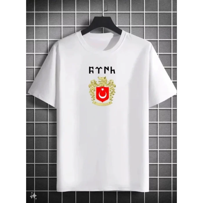 Unisex Bisiklet Yaka Baskılı Oversize T-shirt - Beyaz