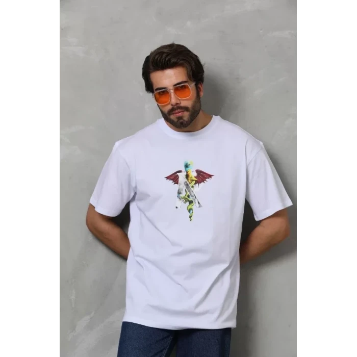 Unisex Bisiklet Yaka Baskılı Oversize T-shirt - Beyaz