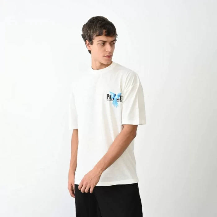 Unisex Bisiklet Yaka Baskılı Oversize T-shirt - Beyaz