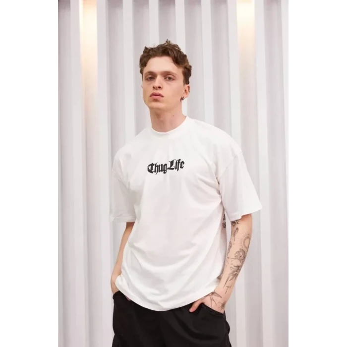 Unisex Bisiklet Yaka Baskılı Oversize T-shirt - Beyaz