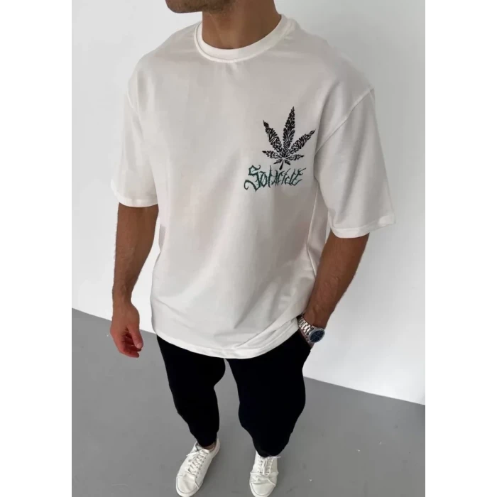 Unisex Bisiklet Yaka Baskılı Oversize T-shirt - Beyaz