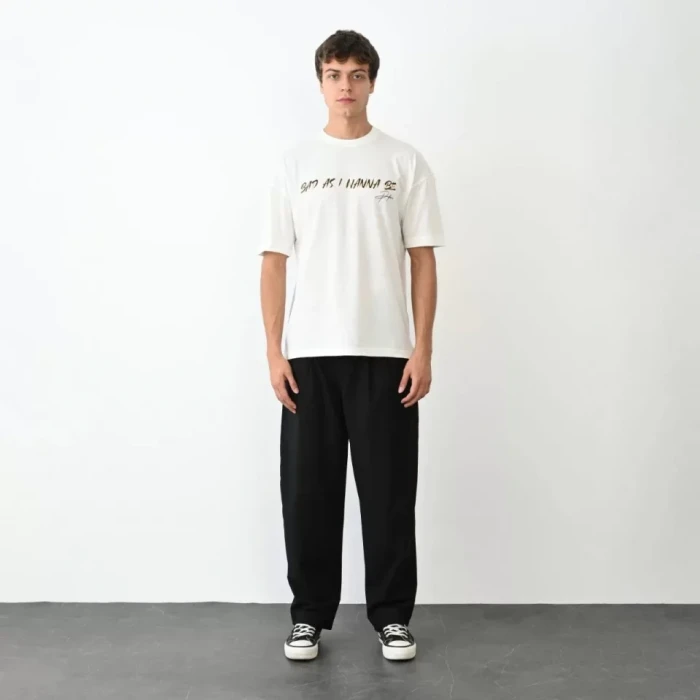 Unisex Bisiklet Yaka Baskılı Oversize T-shirt - Beyaz
