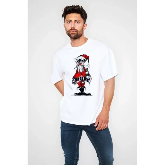 Unisex Bisiklet Yaka Baskılı Oversize T-shirt - Beyaz