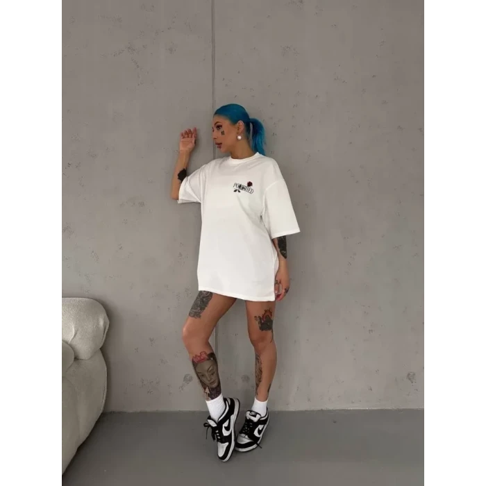 Unisex Bisiklet Yaka Baskılı Oversize T-shirt - Beyaz