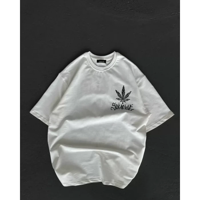 Unisex Bisiklet Yaka Baskılı Oversize T-shirt - Beyaz