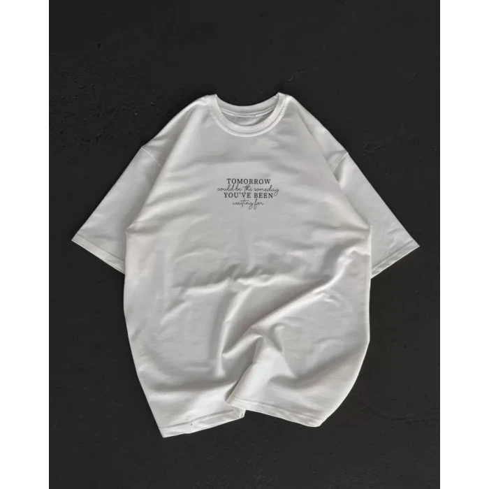 Unisex Bisiklet Yaka Baskılı Oversize T-shirt - Beyaz