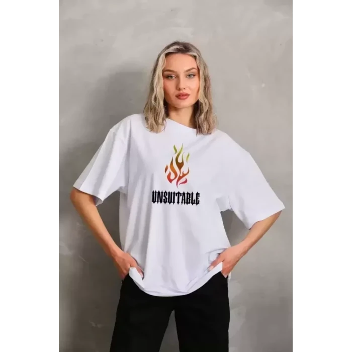 Unisex Bisiklet Yaka Baskılı Oversize T-shirt - Beyaz