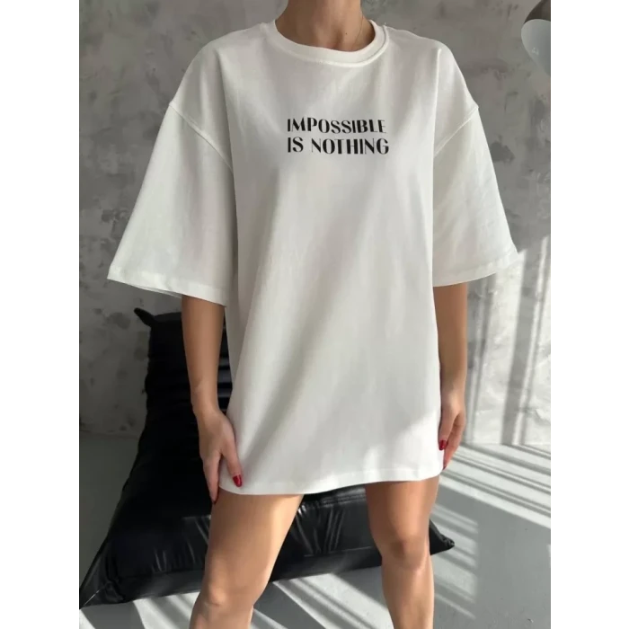Unisex Bisiklet Yaka Baskılı Oversize T-shirt - Beyaz