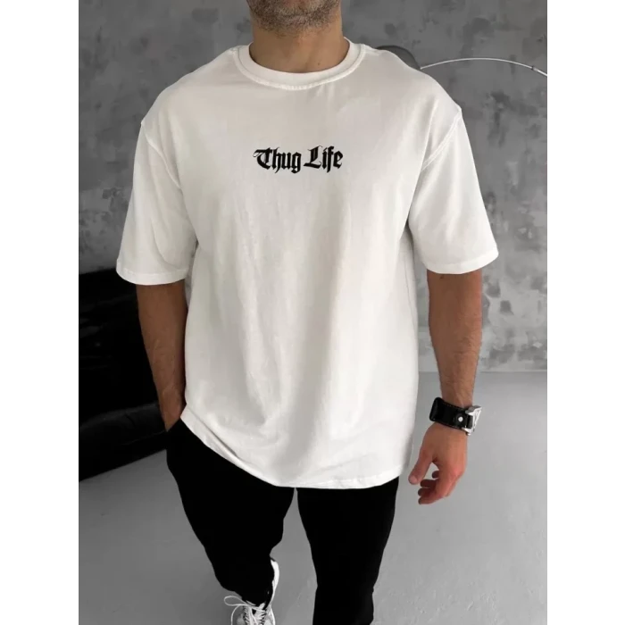 Unisex Bisiklet Yaka Baskılı Oversize T-shirt - Beyaz